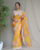 Handwork Best New Arrivals Organza Yellow Saree